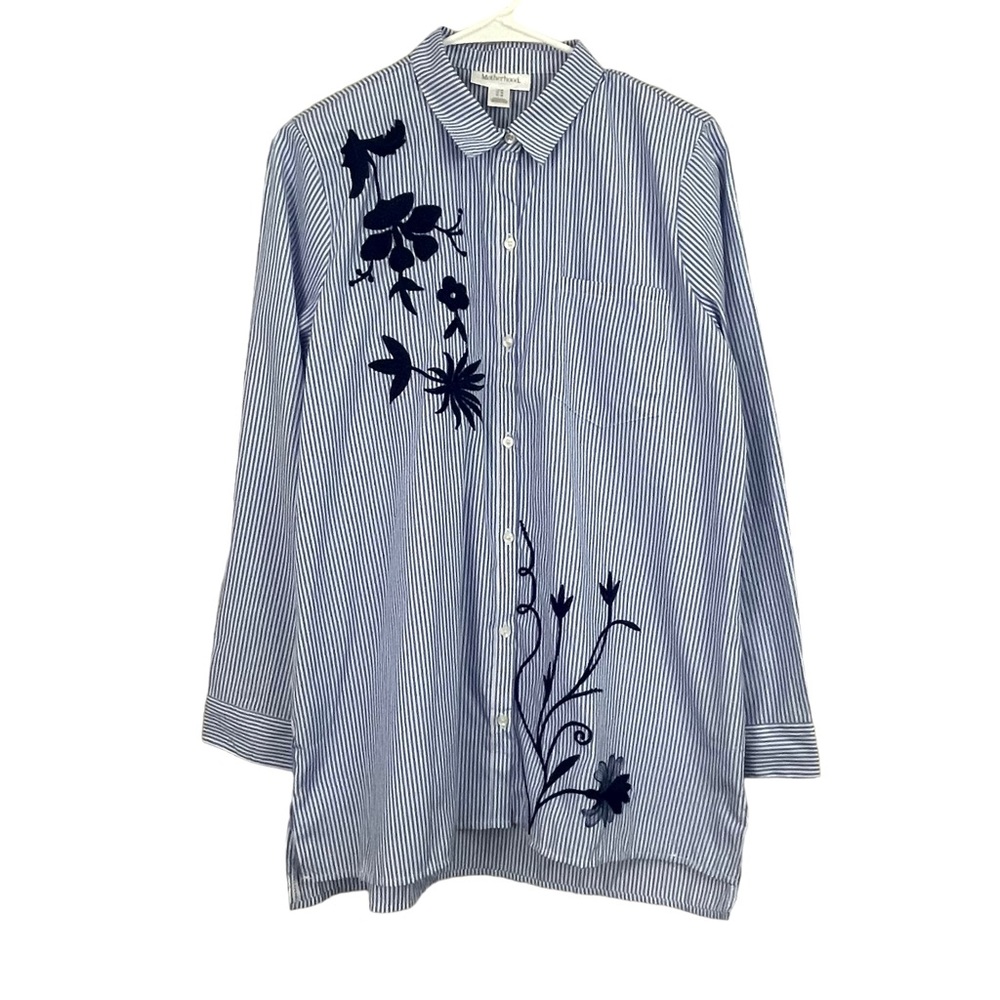 Motherhood Maternity Embroidered Floral Stripe Button Down Shirt Blue White M